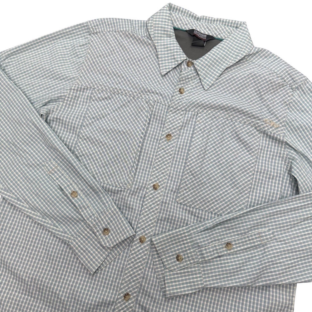 Outdoor Research Baja Sun Shirt Mens Large Teal Plaid Long Sleeve Button Up
